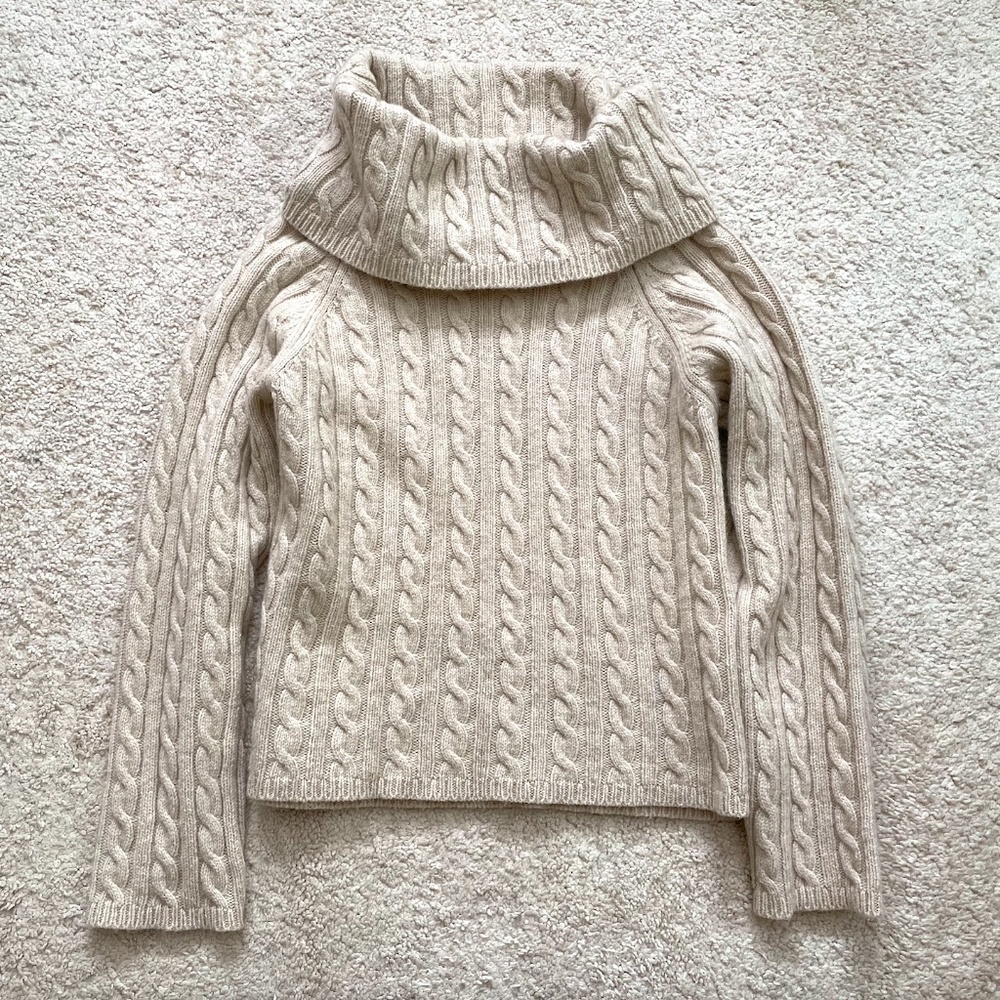 MAX MARA Beige CASHMERE CABLE KNIT Cowl Neck CROP Long Sleeve SWEATER S SMALL